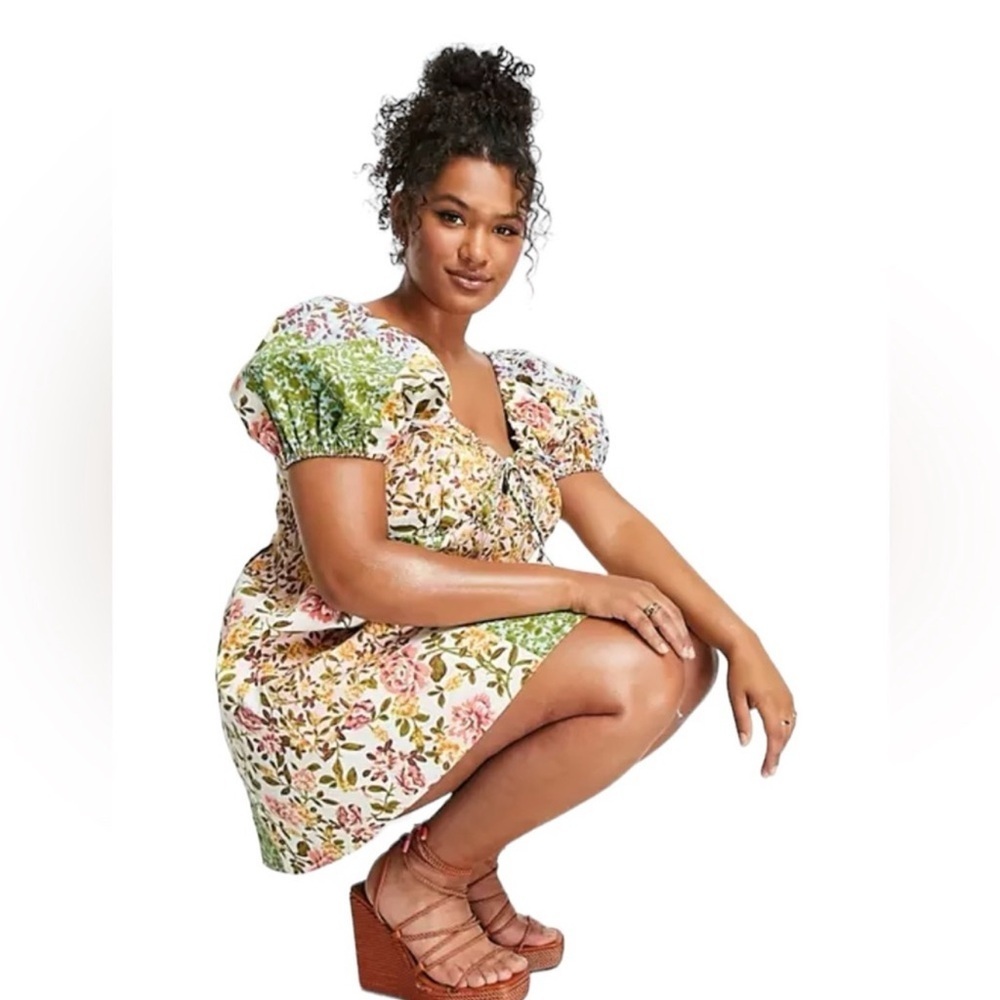 ASOS Design Twill Sweetheart Mini Tea Dress Size 14 Mixed Floral Patchwork Cotto